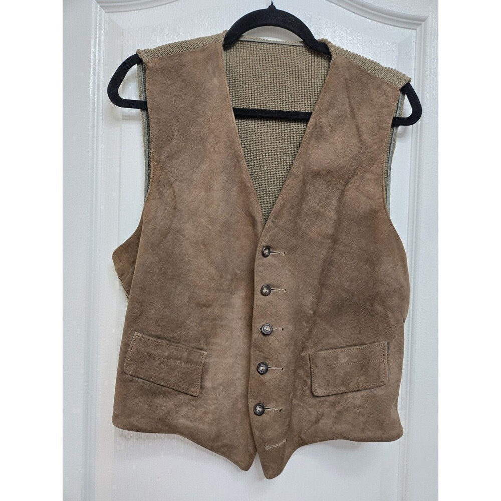 VTG Deerskin Trading Company Men's Brown Leather Suede Vest - Knit Back